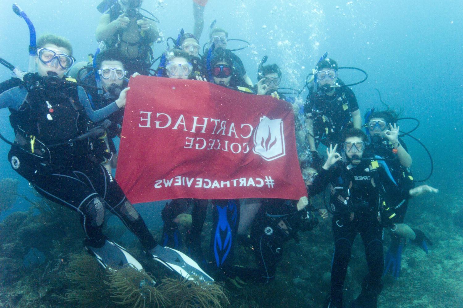 学生们手持<a href='http://xswcpy.mizutokaze.net'>博彩网址大全</a>旗帜，在j学期洪都拉斯游学之旅中潜水.